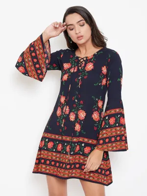 Berrylush Women Navy Blue & Orange Floral Printed Tie-Up Neck A-Line Mini Dress