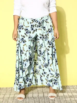 Berrylush Women Plus Size Green & Blue Floral Printed Crepe Tie-Up High-Rise Waist Slip-On Flared Maxi Skirt