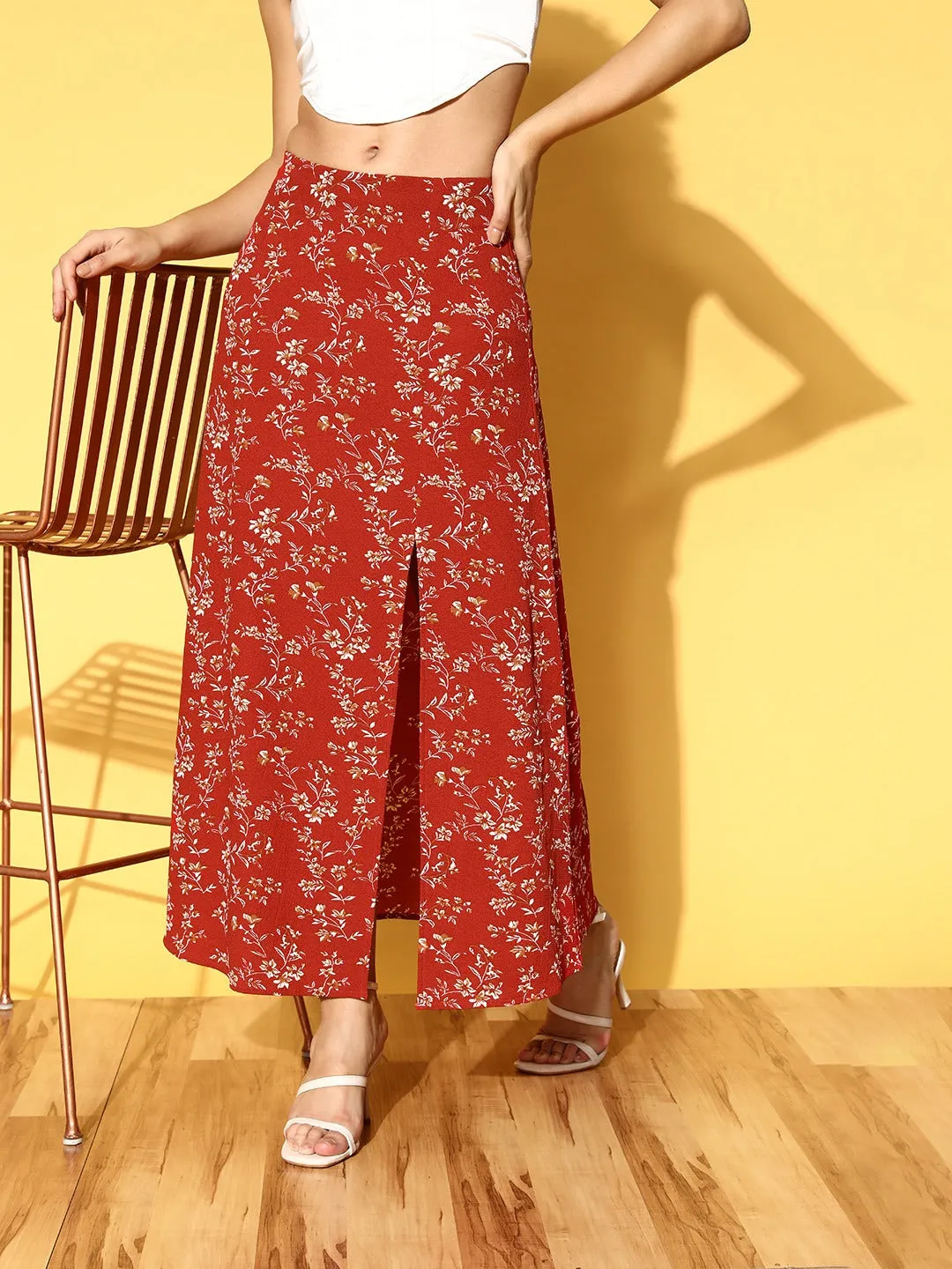 Berrylush Women Red & White Floral Printed High-Rise Waist Side-Slit Flared A-Line Maxi Skirt