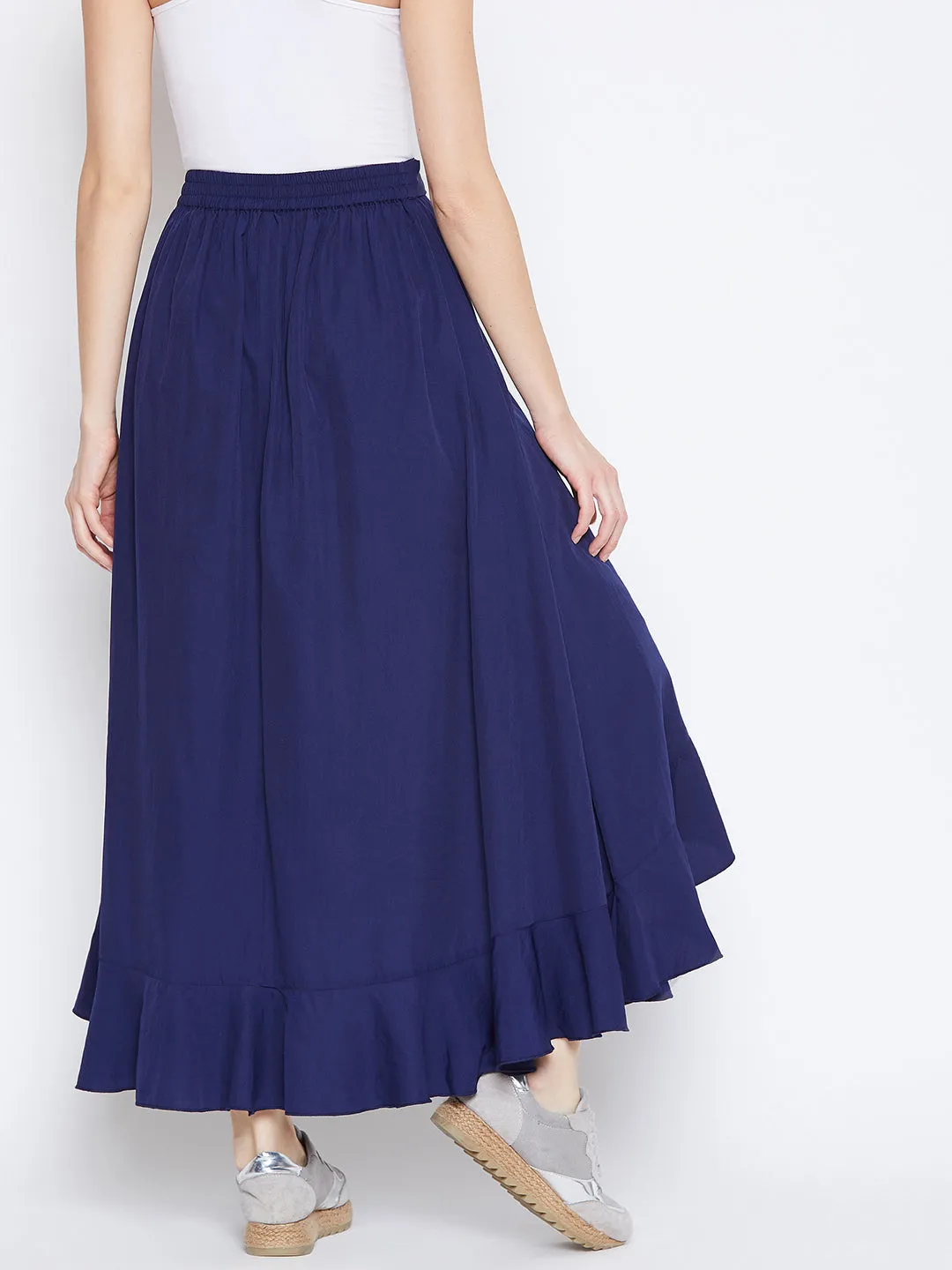 Berrylush Women Solid Navy Blue Waist Tie-Up High-Low Flared Maxi Skirt with Attached Trousers