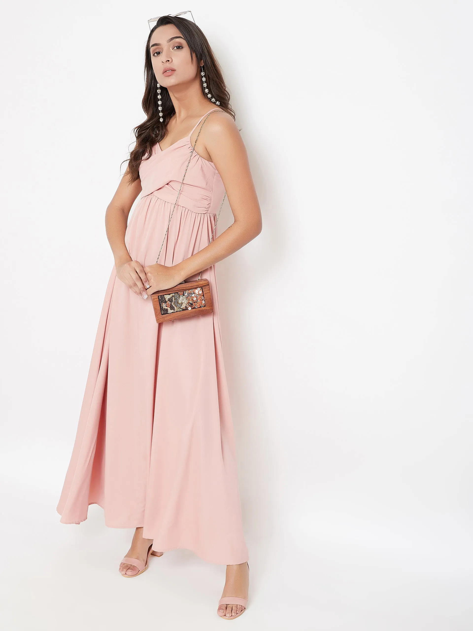 Berrylush Women Solid Pink V-Neck Sleeveless Ruched Maxi Dress