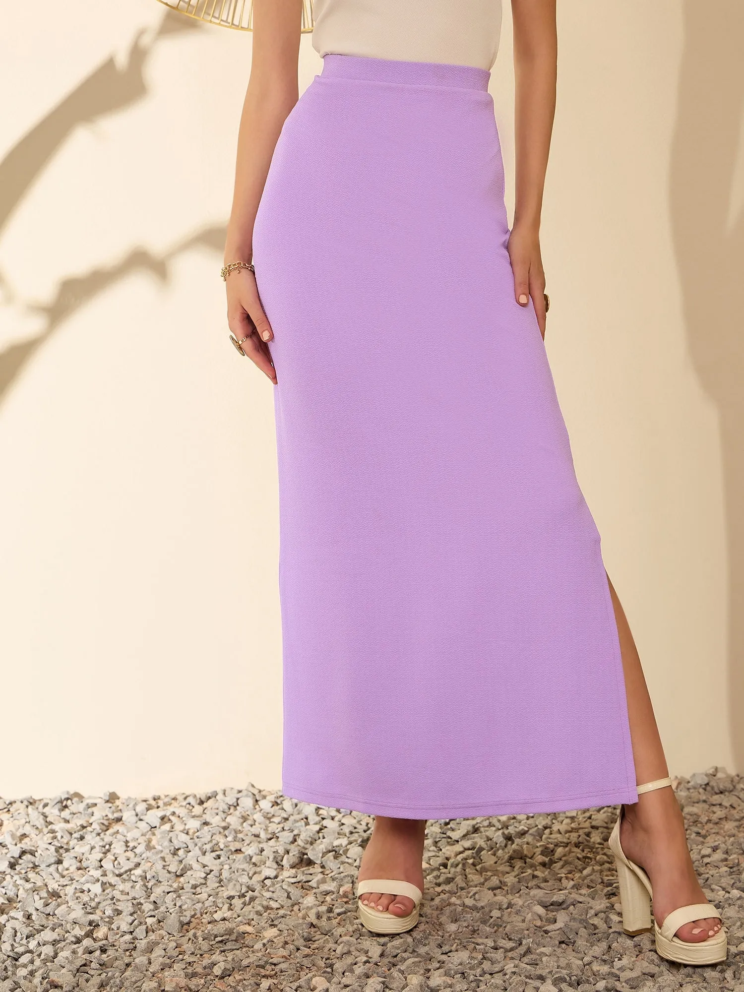 Berrylush Women Solid Purple High-Rise Waist Slip-On Thigh-High Slit Straight Hem Knitted Maxi Skirt