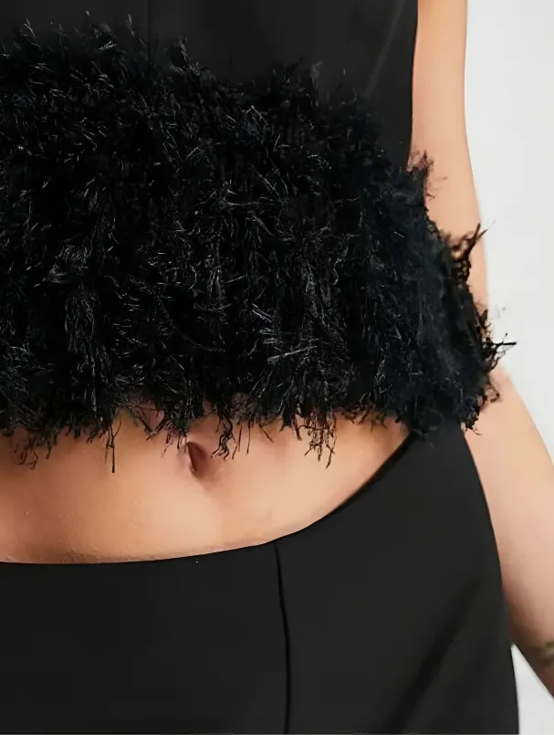 Black Faux Feather Hem Crop Top