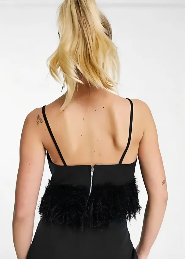 Black Faux Feather Hem Crop Top