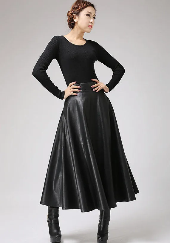 Black PU skirt maxi skirt long skirt 0719