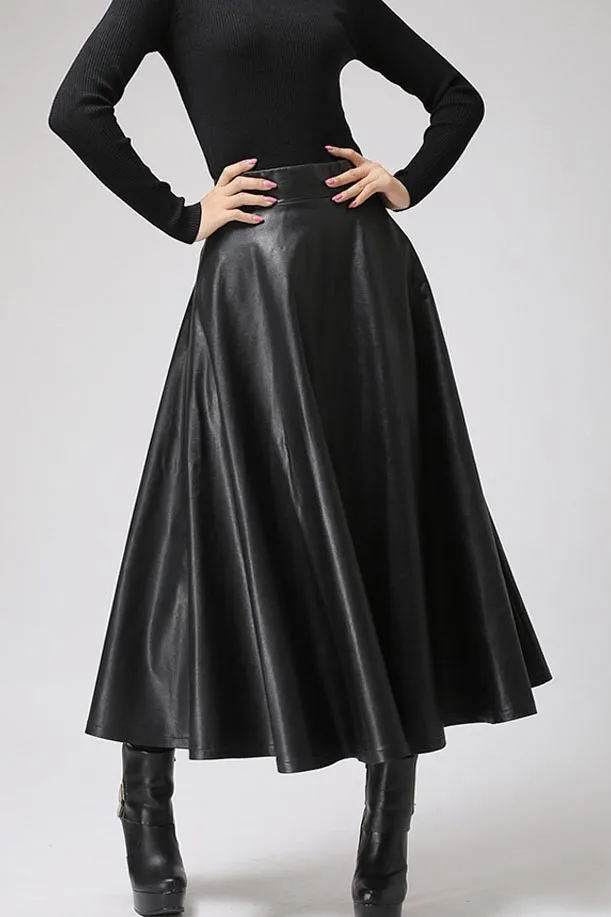 Black PU skirt maxi skirt long skirt 0719