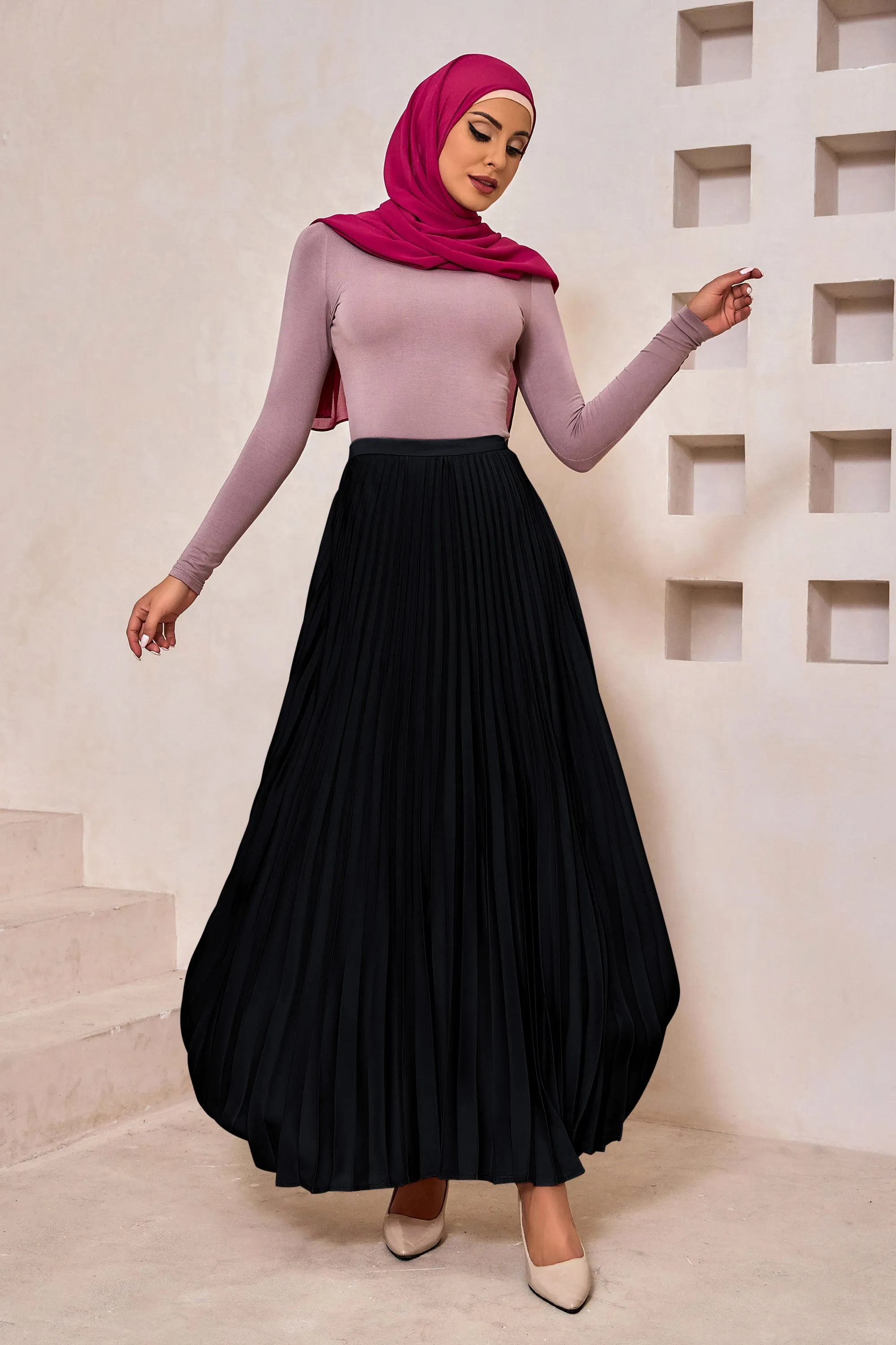 Black Satin Pleated Maxi Skirt