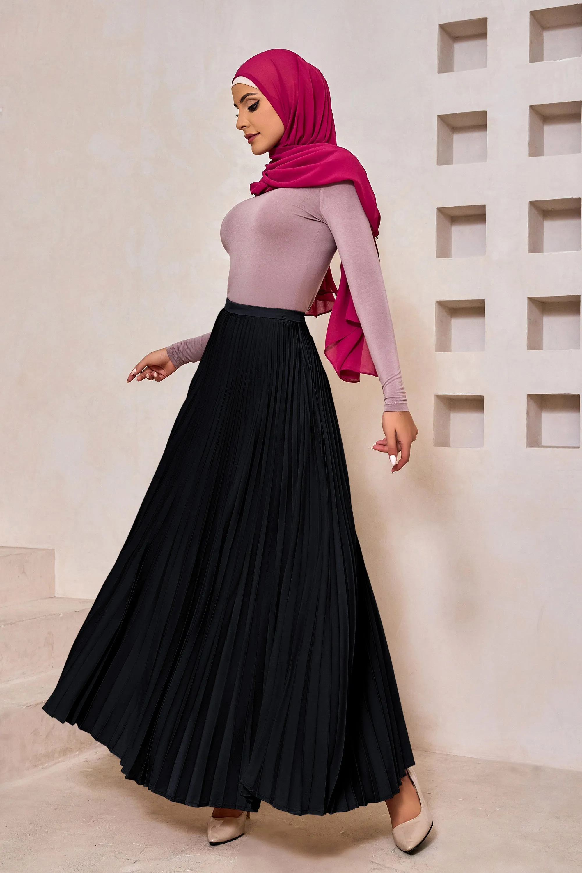 Black Satin Pleated Maxi Skirt