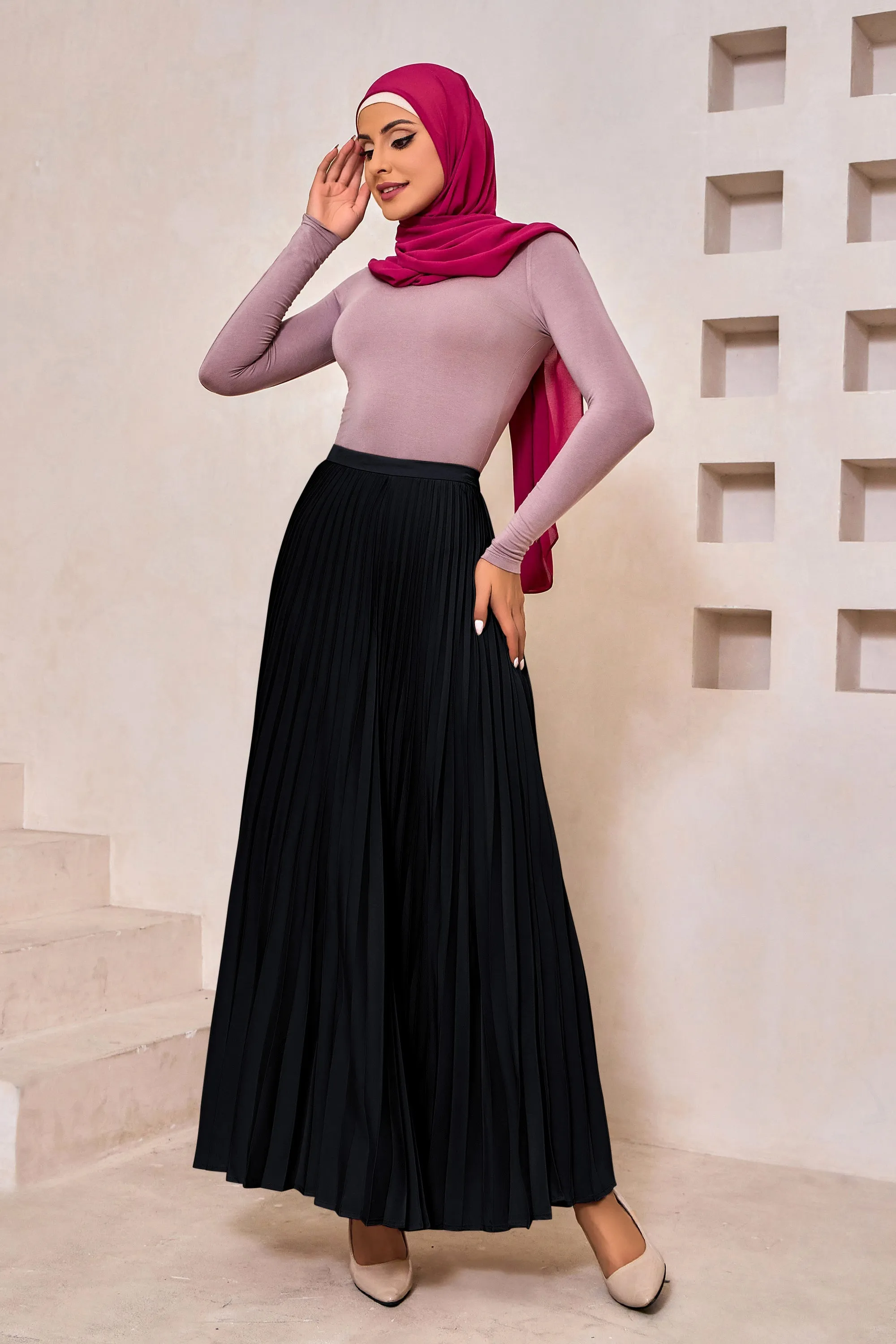 Black Satin Pleated Maxi Skirt