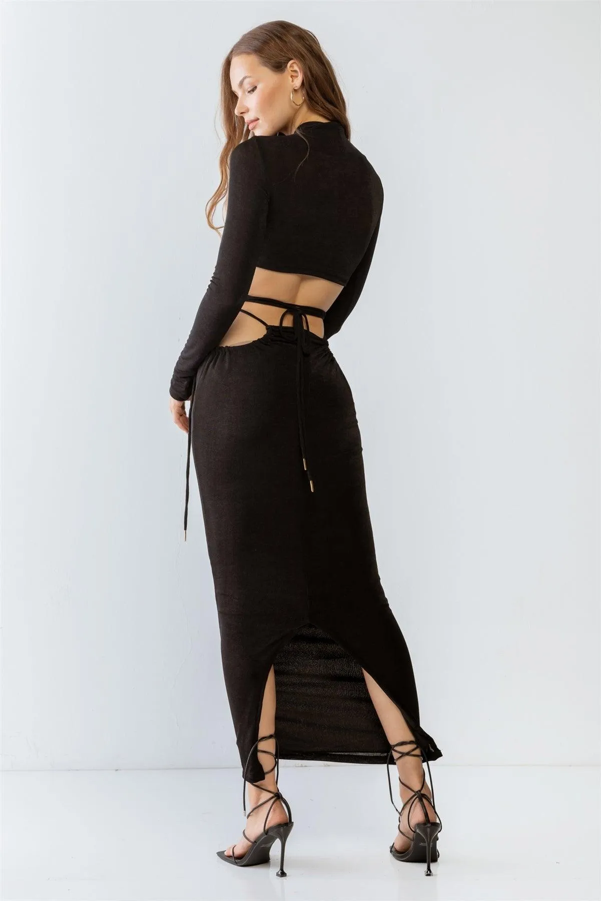 Black Self-Tie Maxi Skirt & Long Sleeve Cut-Out Crop Top Set /3-2-1