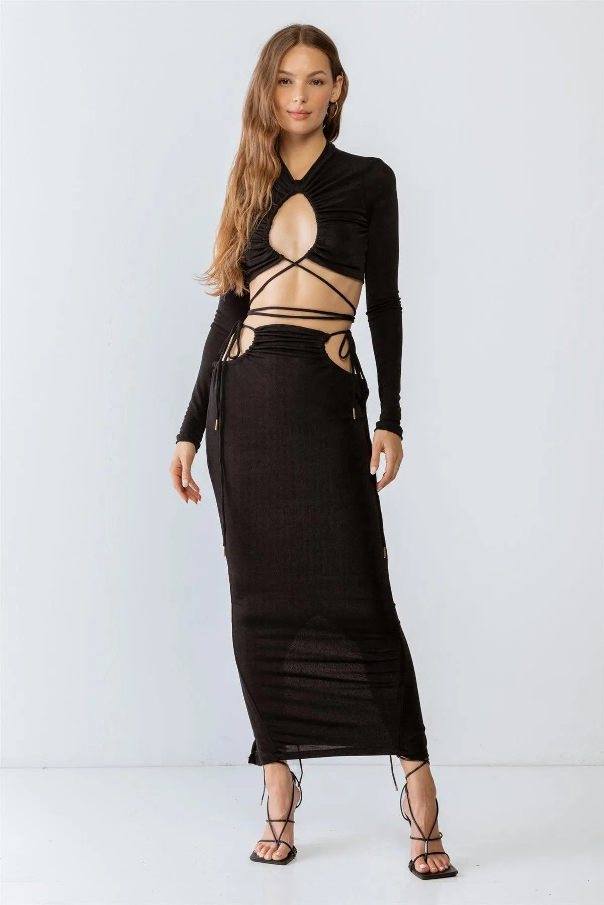 Black Self-Tie Maxi Skirt & Long Sleeve Cut-Out Crop Top Set /3-2-1