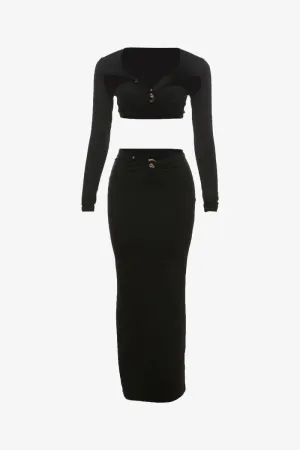 Black Two Piece Cutout Ring Crop Top & Maxi Skirt Set