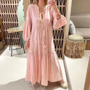 Boho Chic Bubble Sleeve Bohemian Cotton Linen Maxi Dress