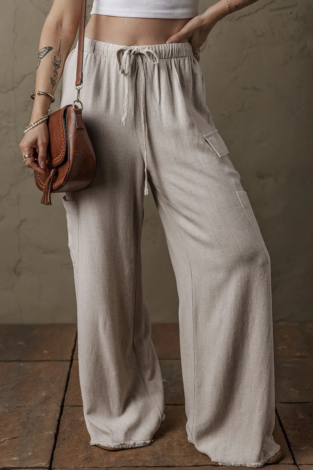 Boho Linen Raw Edge Cargo Loose Pants