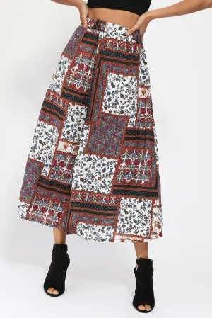 Brown Patch Print Maxi Skirt