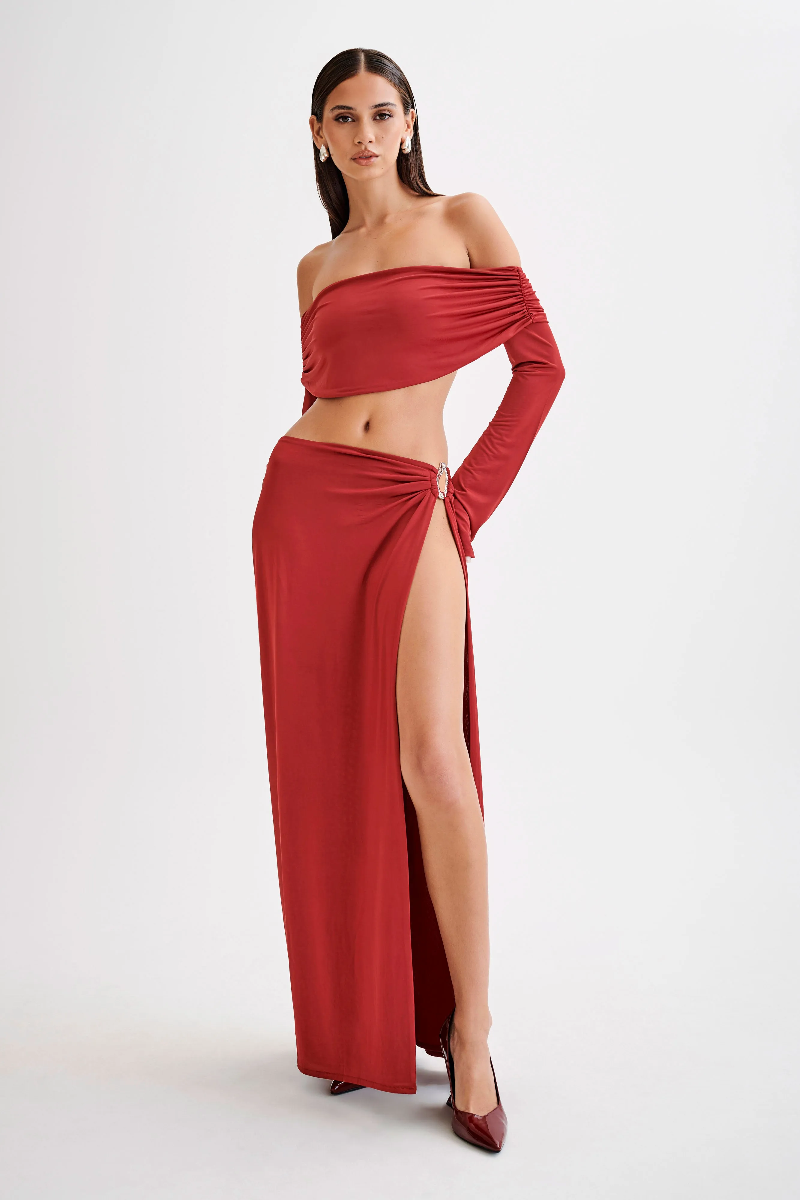 Camryn Slinky Off Shoulder Crop Top - Cherry Red