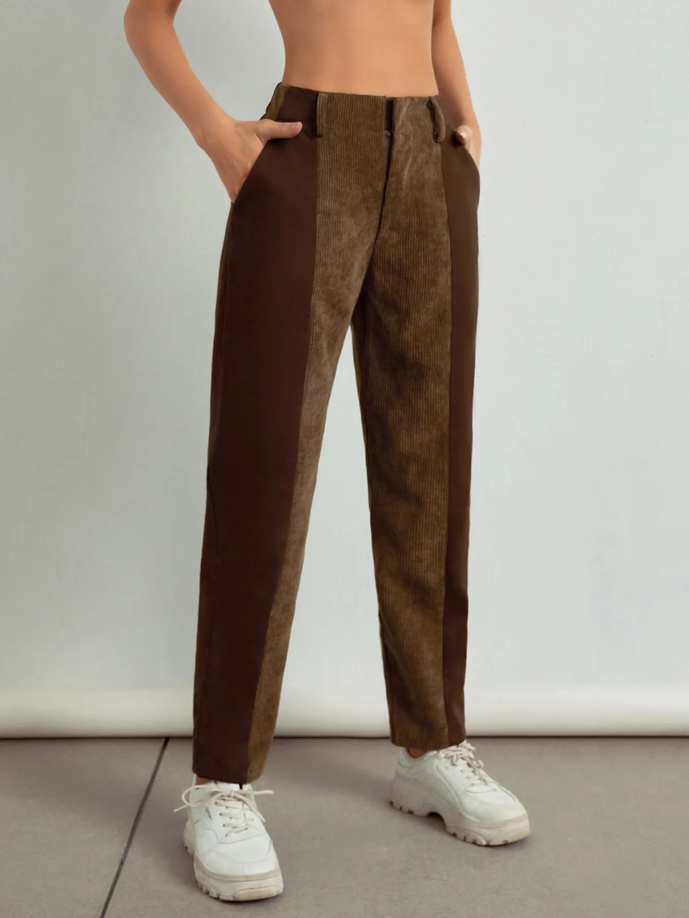 Casual Colorblock Pocket High Waist Long Women Pants