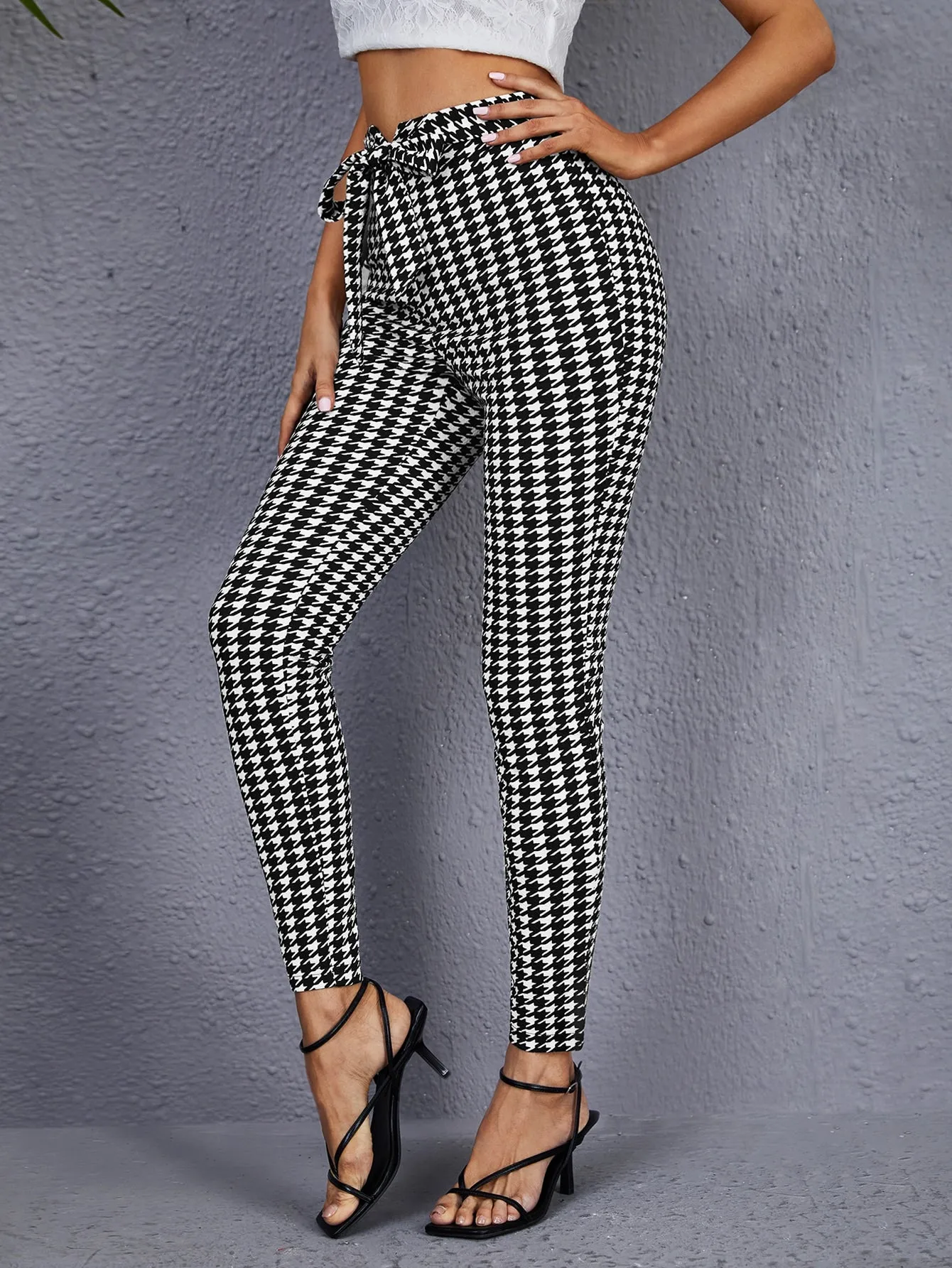 Casual Houndstooth Belted High Waist Cropped Women Pants