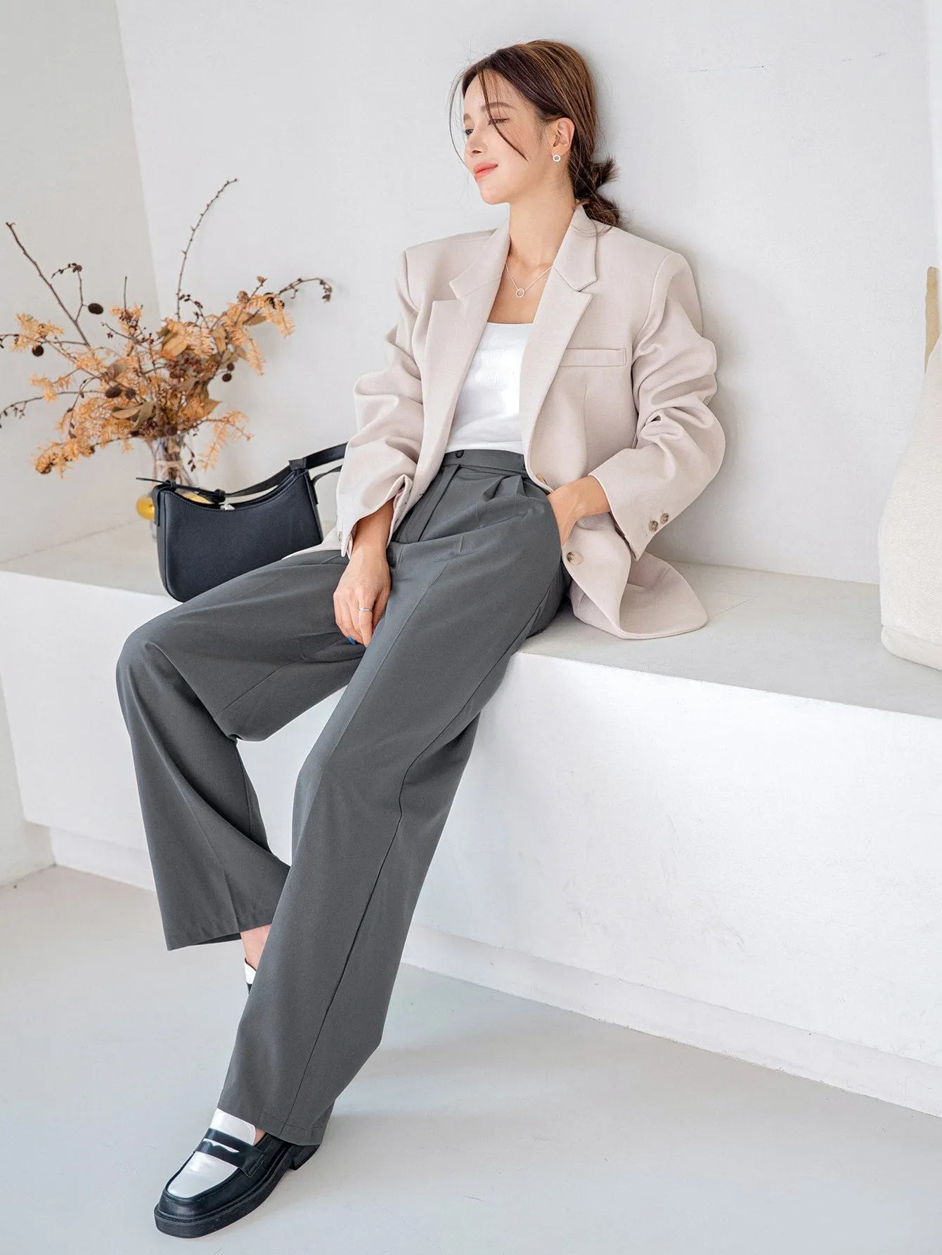 Casual Plain Plicated High Waist Long Women Pants