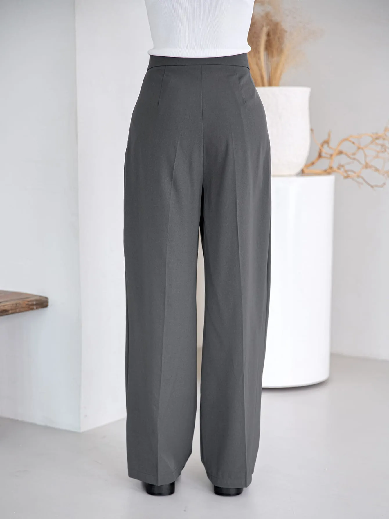 Casual Plain Plicated High Waist Long Women Pants