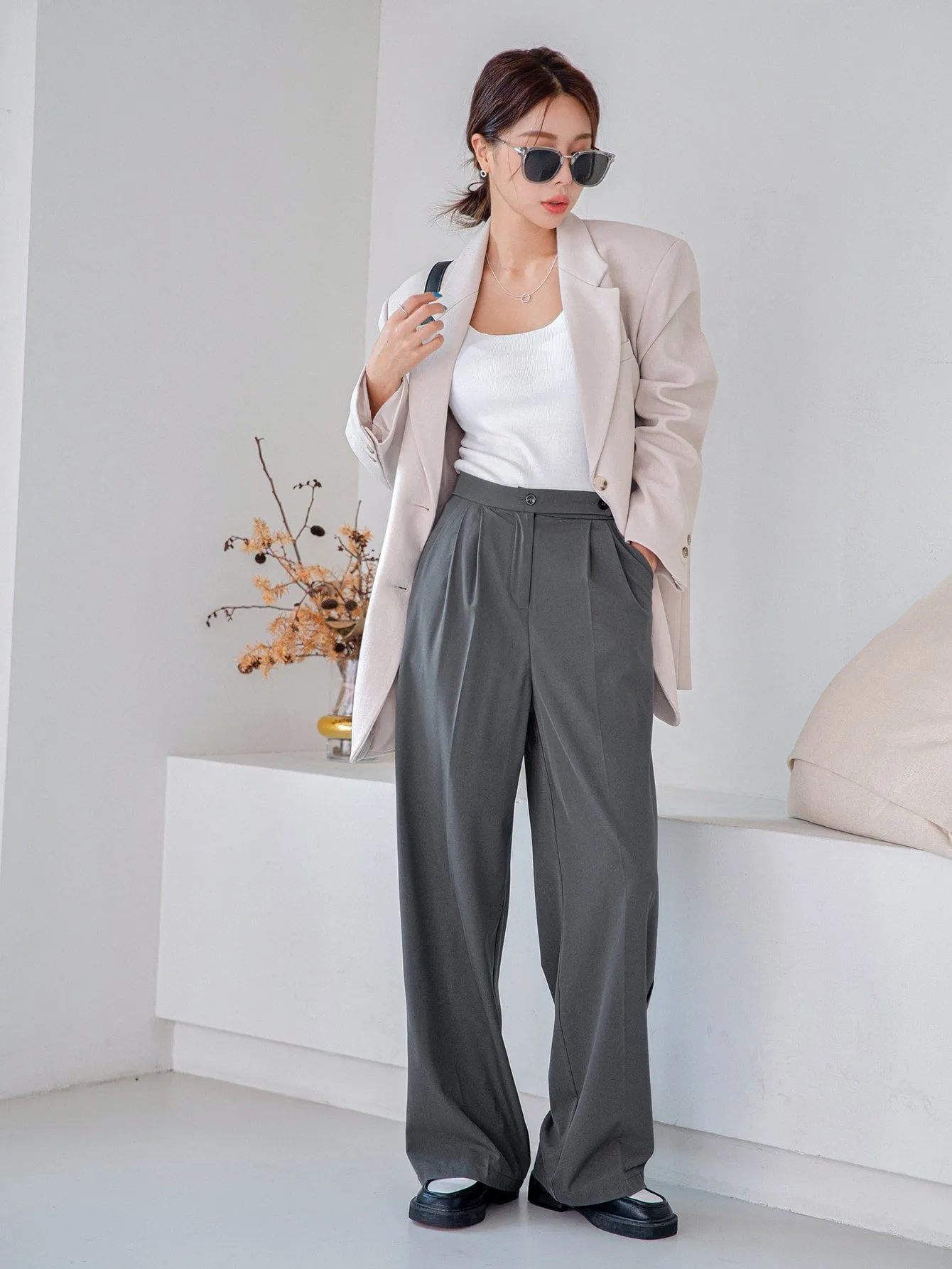 Casual Plain Plicated High Waist Long Women Pants