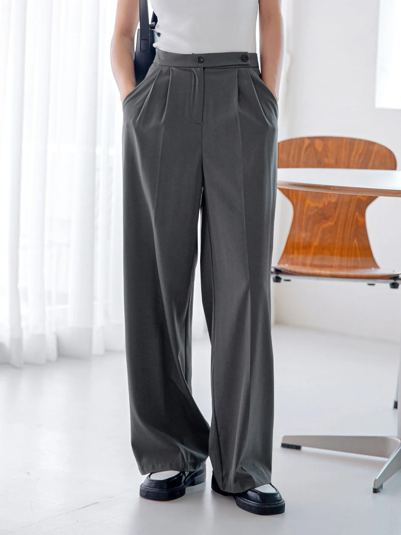 Casual Plain Plicated High Waist Long Women Pants