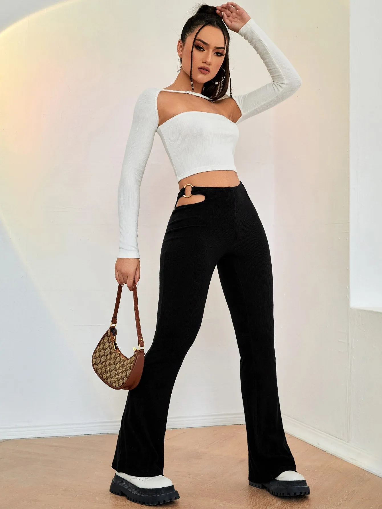 Casual Plain Ring High Waist Long Women Pants