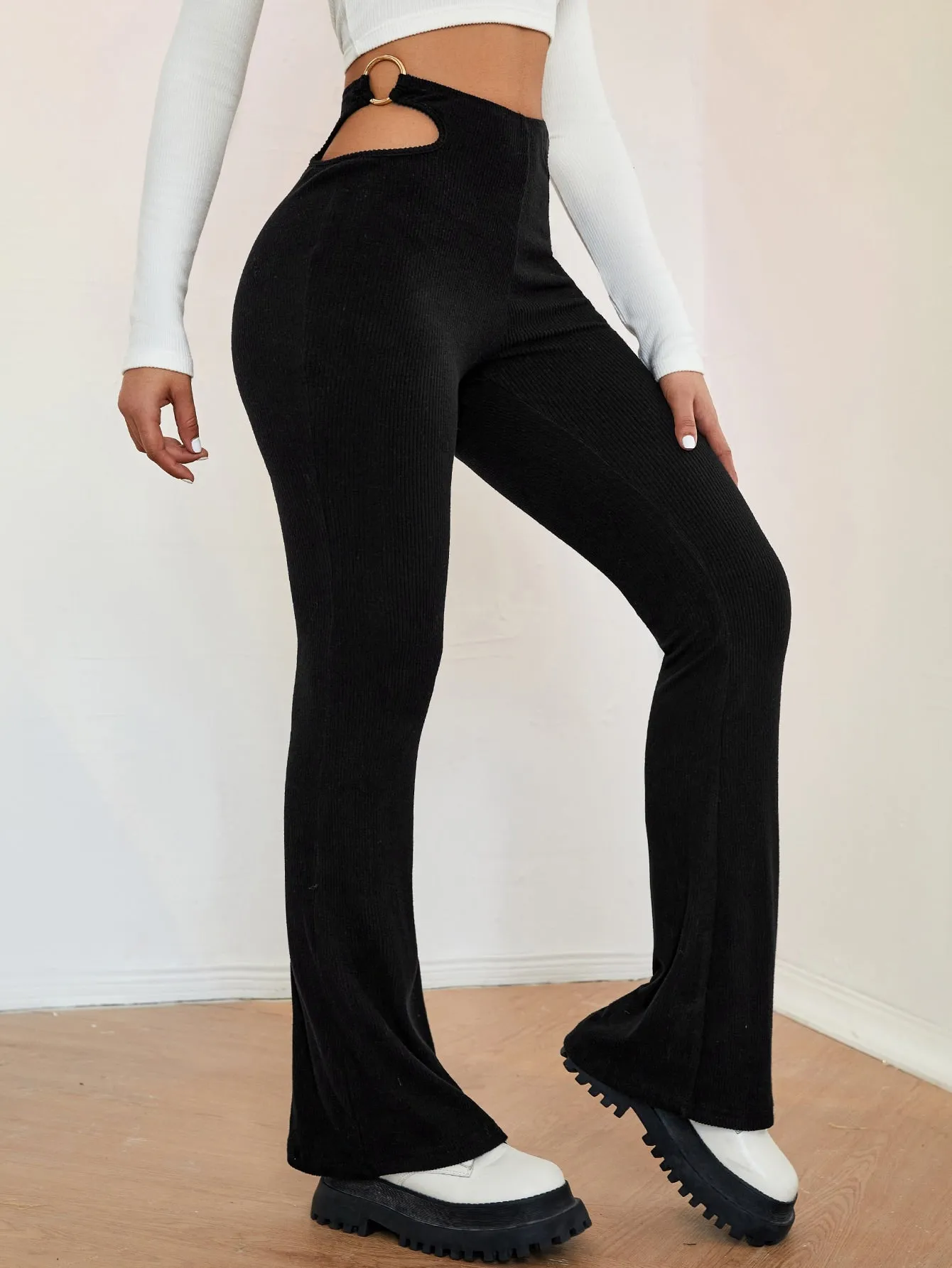 Casual Plain Ring High Waist Long Women Pants