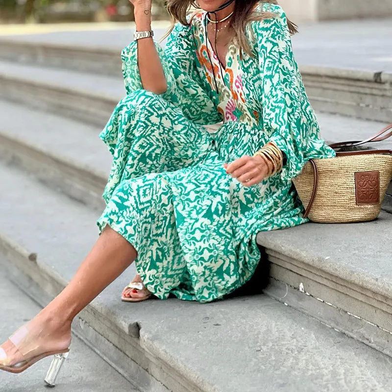 Casual V-Neck Long Sleeve Midi Printed Dress