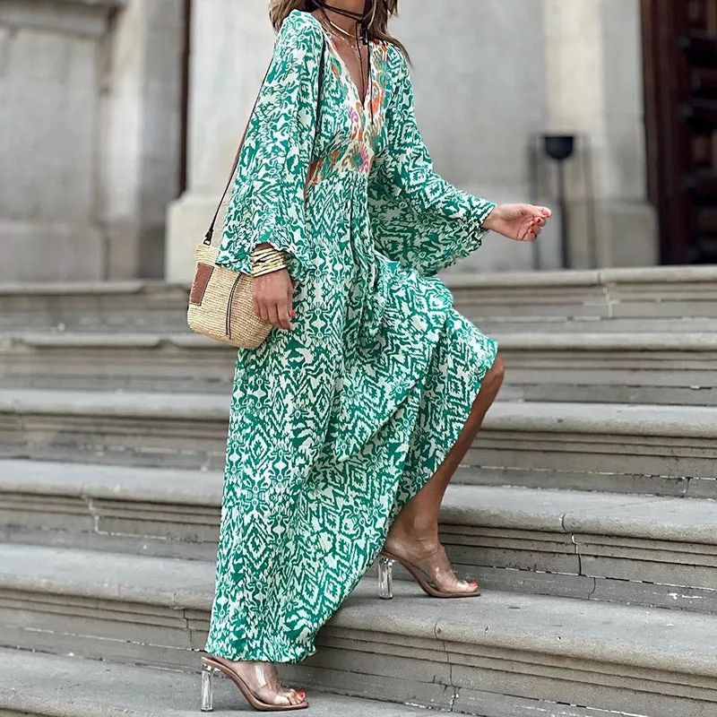 Casual V-Neck Long Sleeve Midi Printed Dress