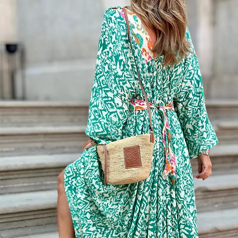 Casual V-Neck Long Sleeve Midi Printed Dress