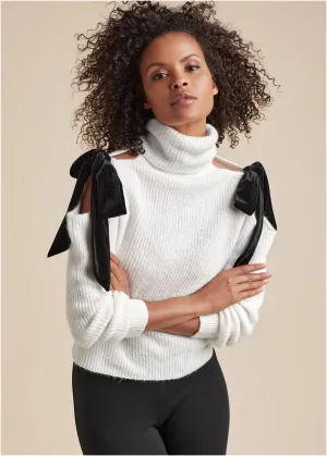 Cold Shoulder Bow Sweater - Off White