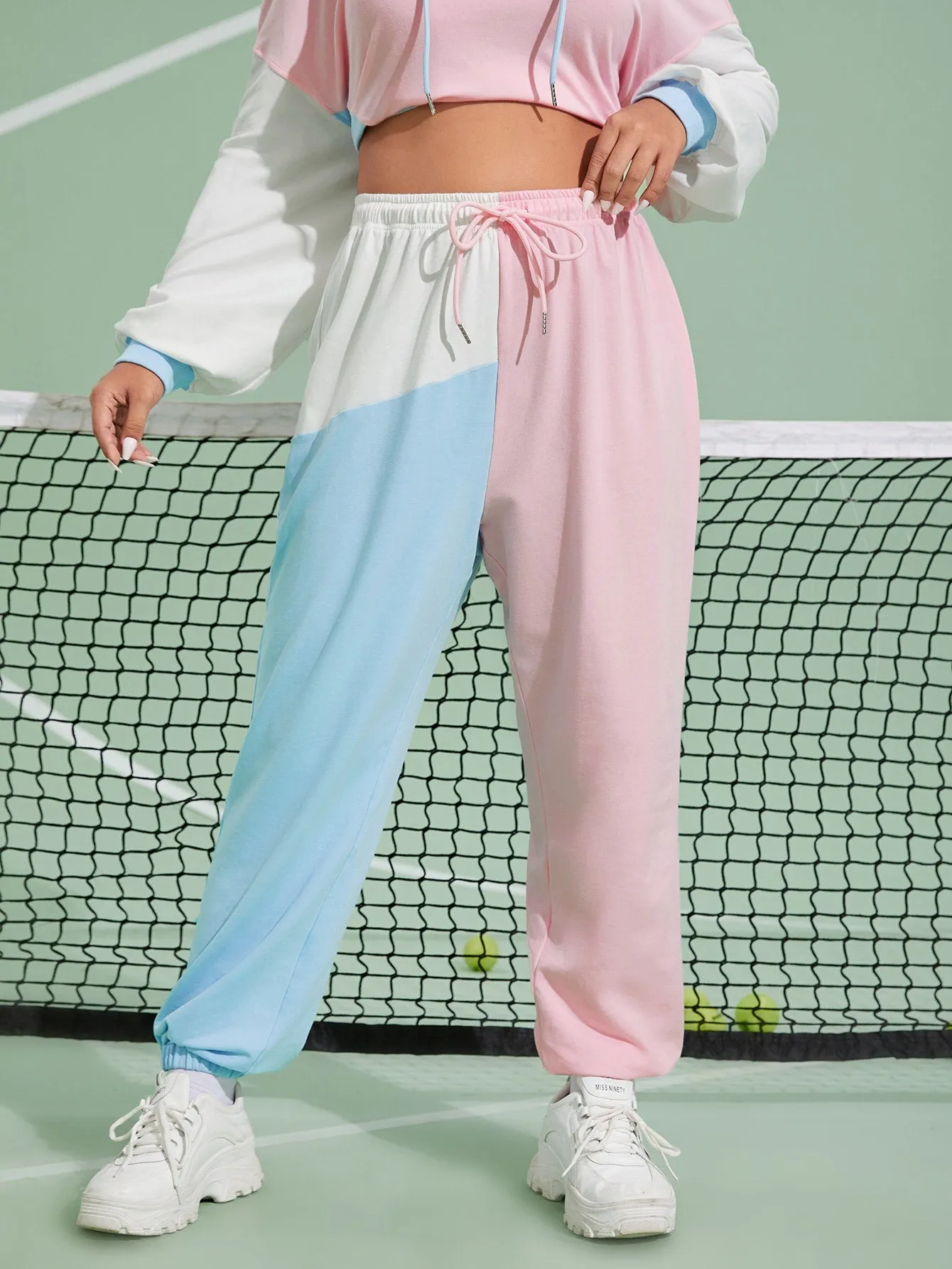 Colorblock Drawstring High Waist Long Plus Size Sweatpants