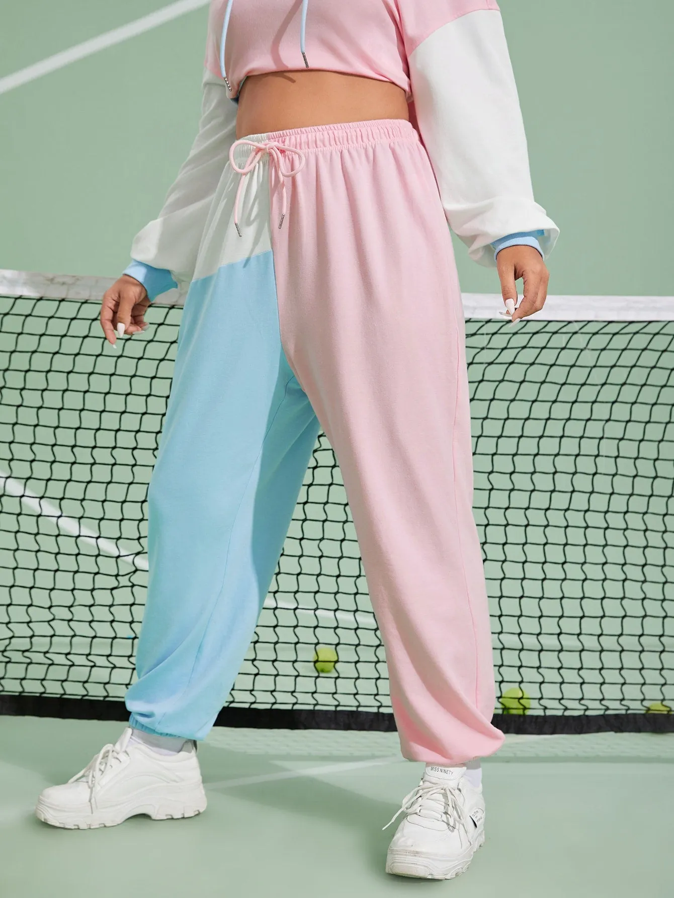 Colorblock Drawstring High Waist Long Plus Size Sweatpants