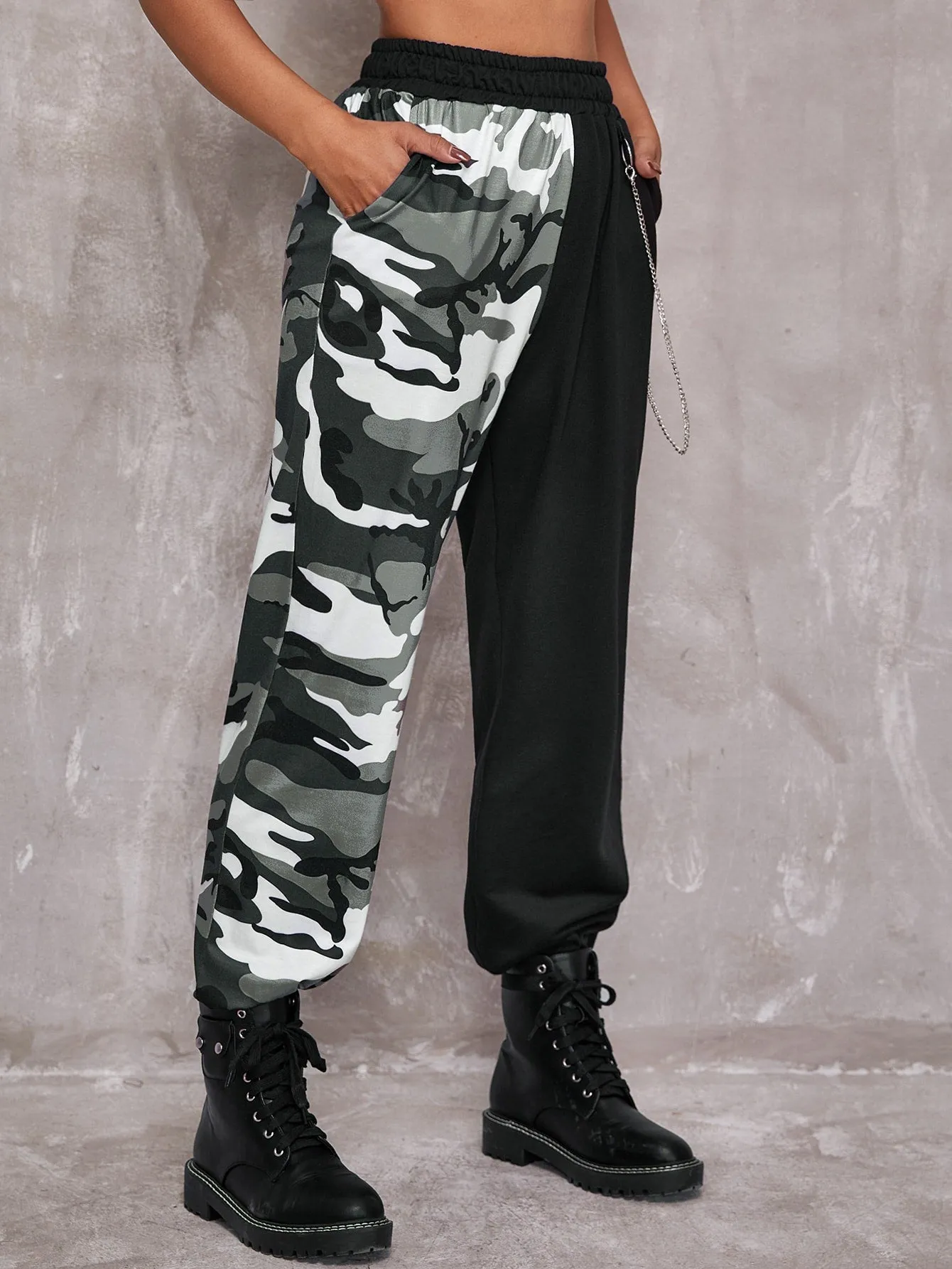 Colorblock Pocket High Waist Long Women Sweatpants