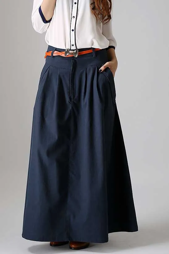 Custom made casual long pleated skirt in blue 0871#