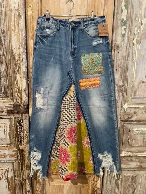 Destroyed Patched Denim Kantha Skirt