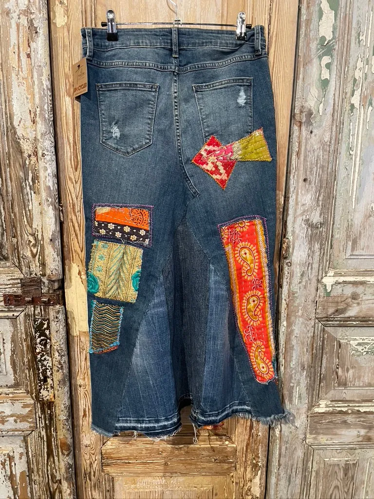 Destroyed Patched Denim Kantha Skirt