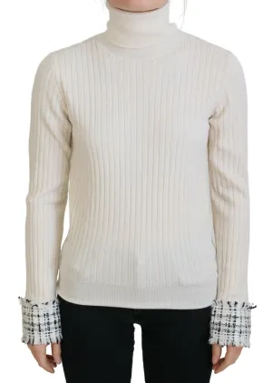 Dolce & Gabbana Ivory Turtleneck Distressed Cuff Pullover Sweater