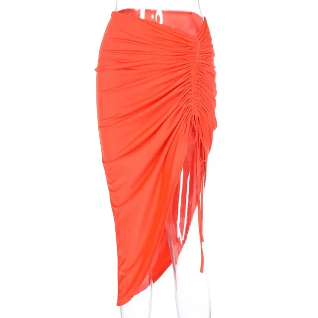 Drawstring ruched pencil midi skirt slit high waist elegant sexy