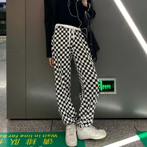 EAL checkerboard patchwork plaid grid loose high waist B/W straight long pants warm gothic trousers