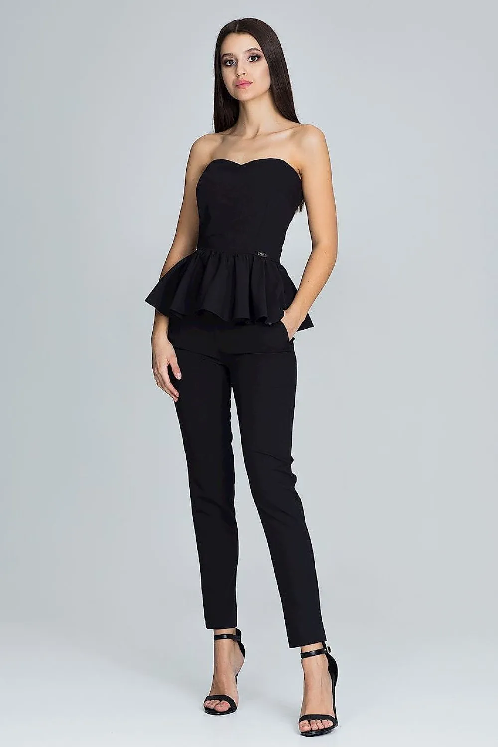 Elegant Frilled Corset with Tailored Trouser Ensemble