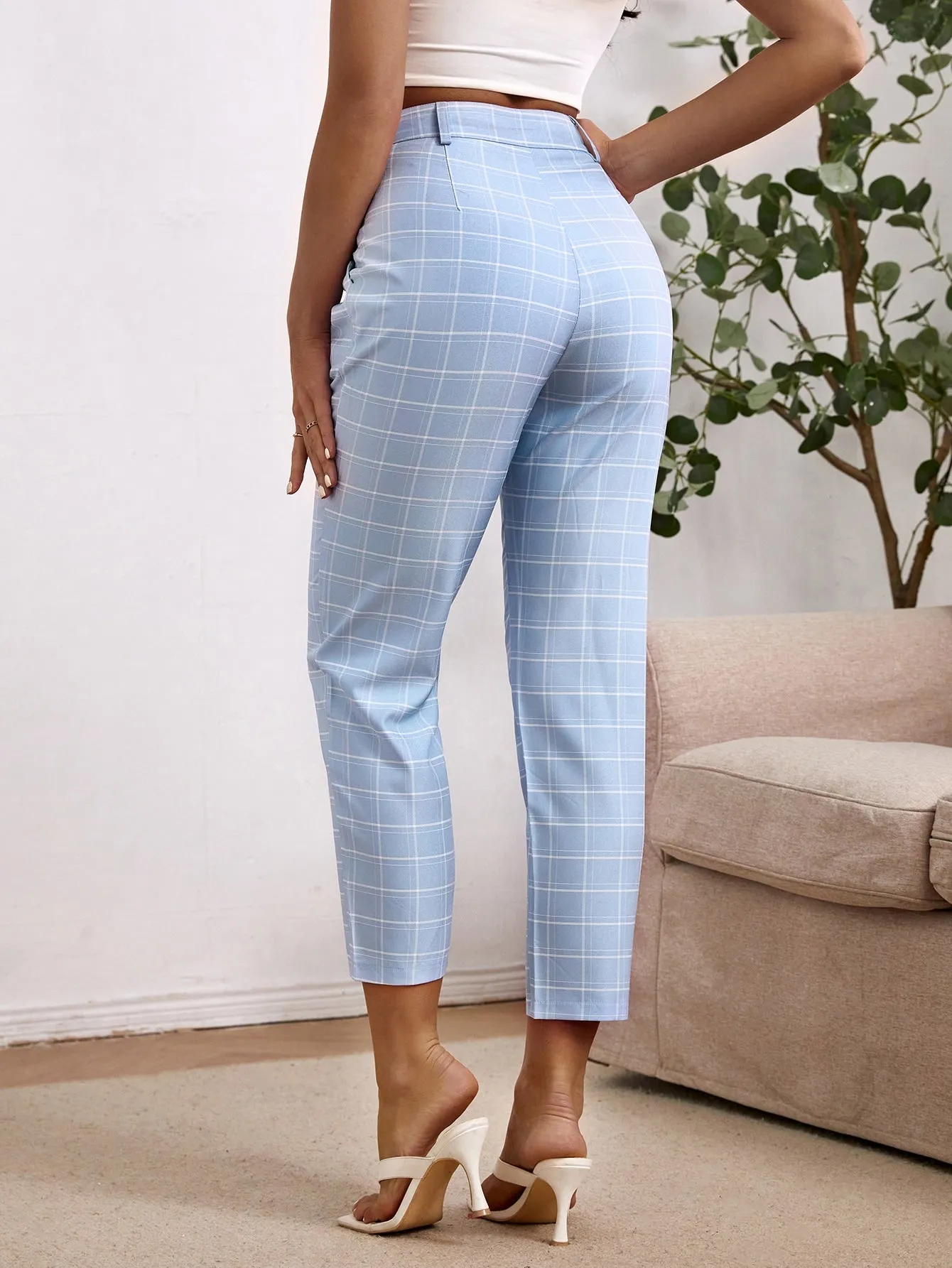 Elegant Plaid Natural Cropped Women Pants