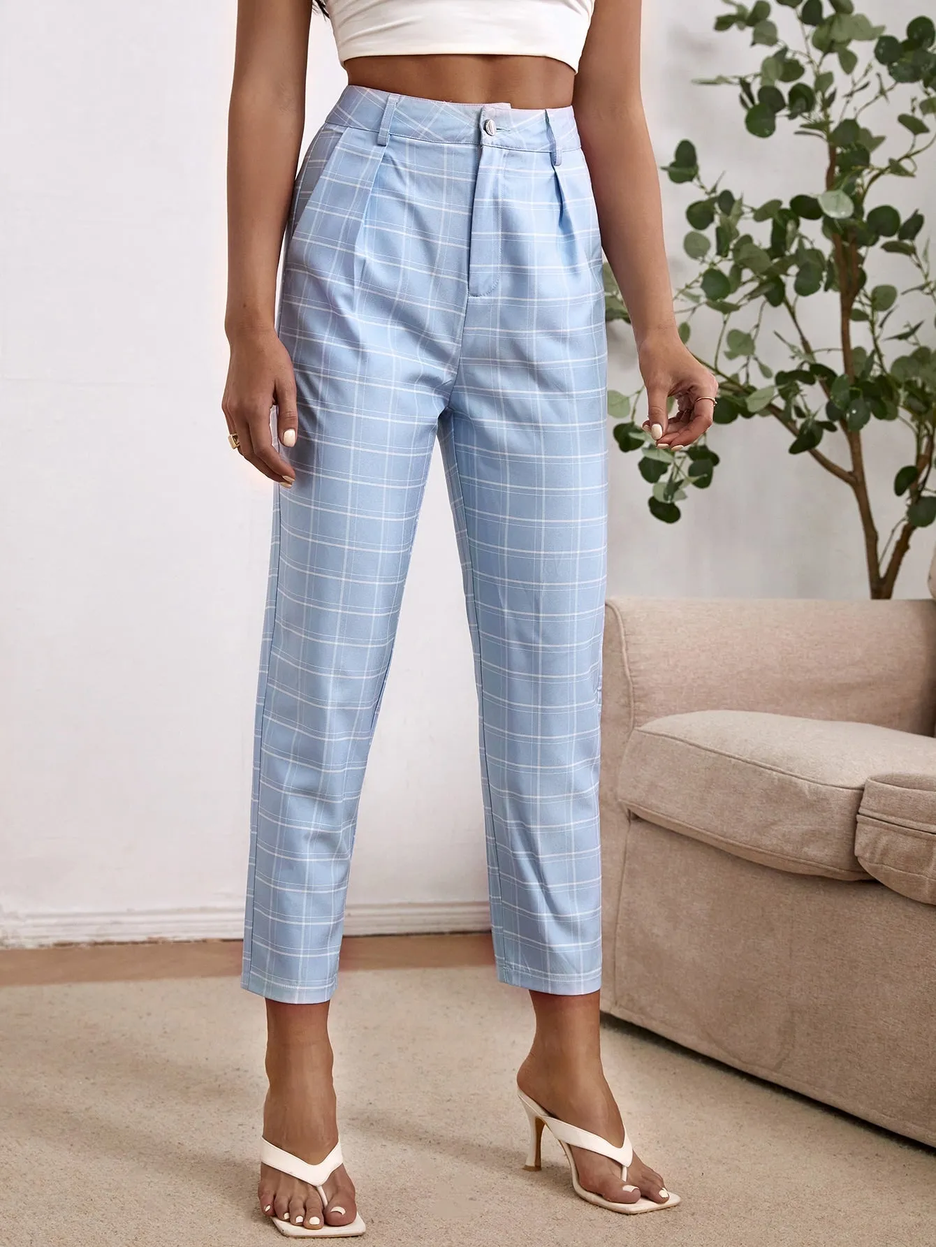 Elegant Plaid Natural Cropped Women Pants