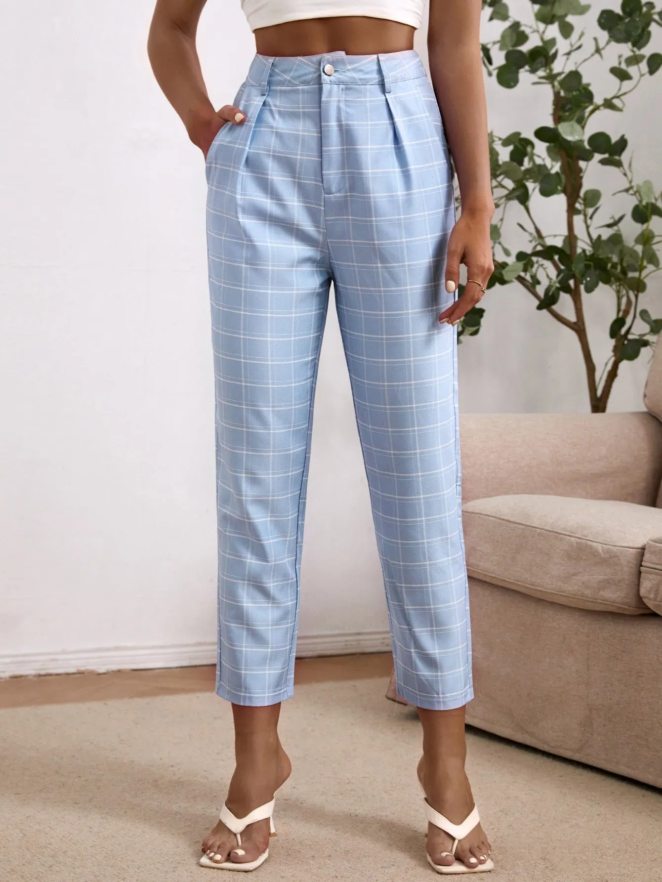 Elegant Plaid Natural Cropped Women Pants