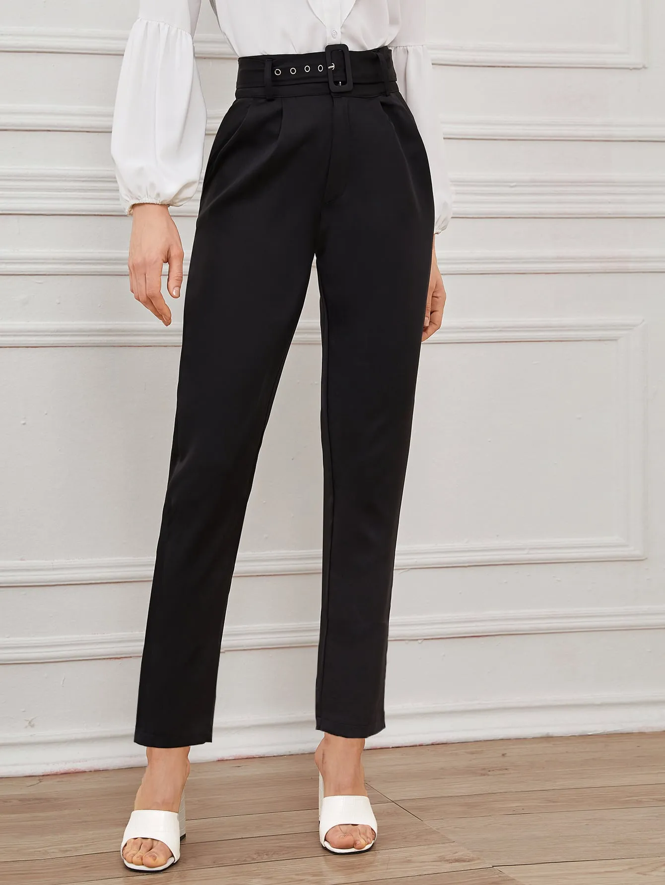 Elegant Plain Belted High Waist Long Women Pants