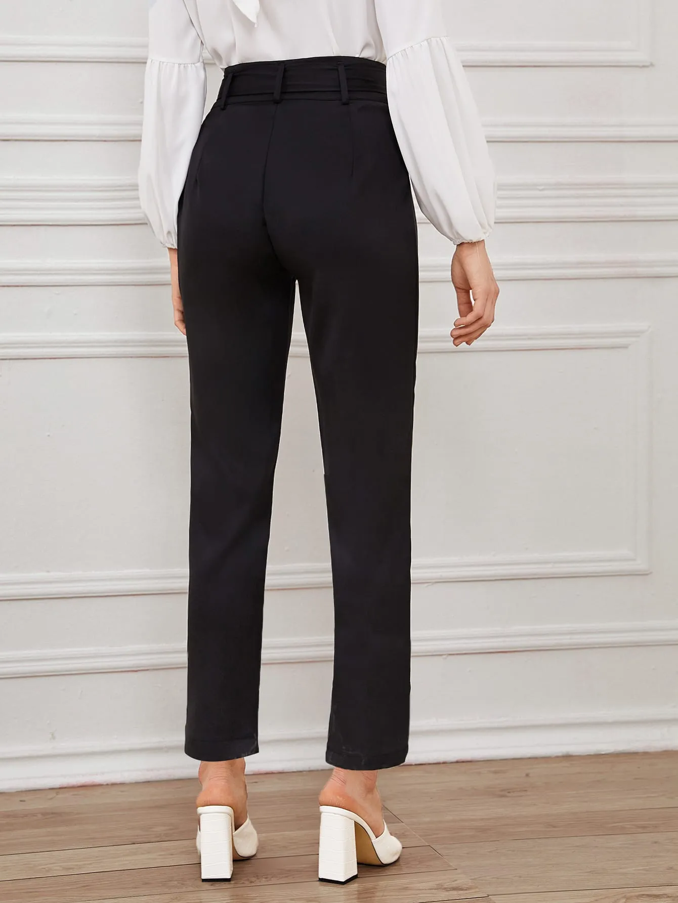 Elegant Plain Belted High Waist Long Women Pants