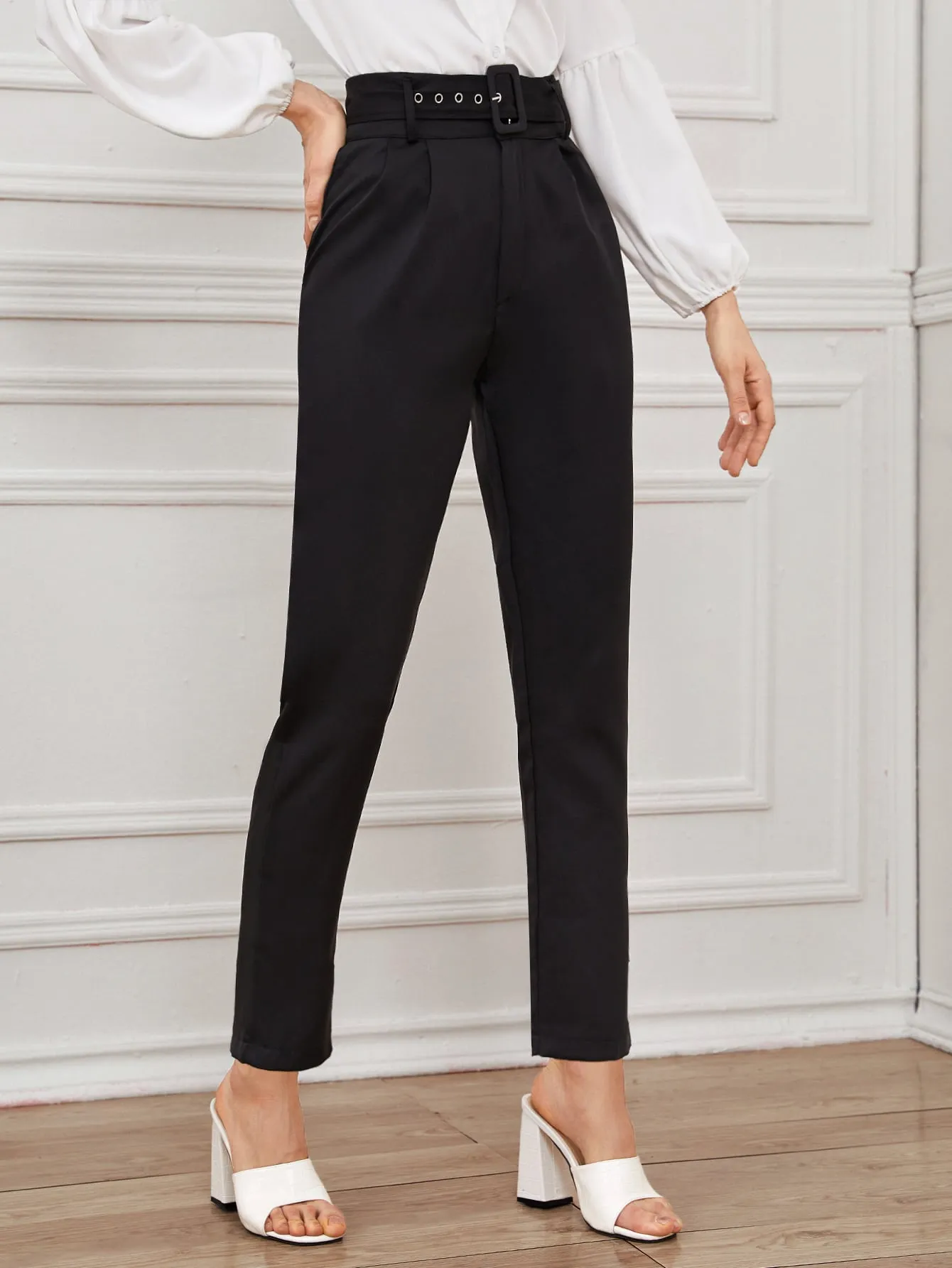 Elegant Plain Belted High Waist Long Women Pants