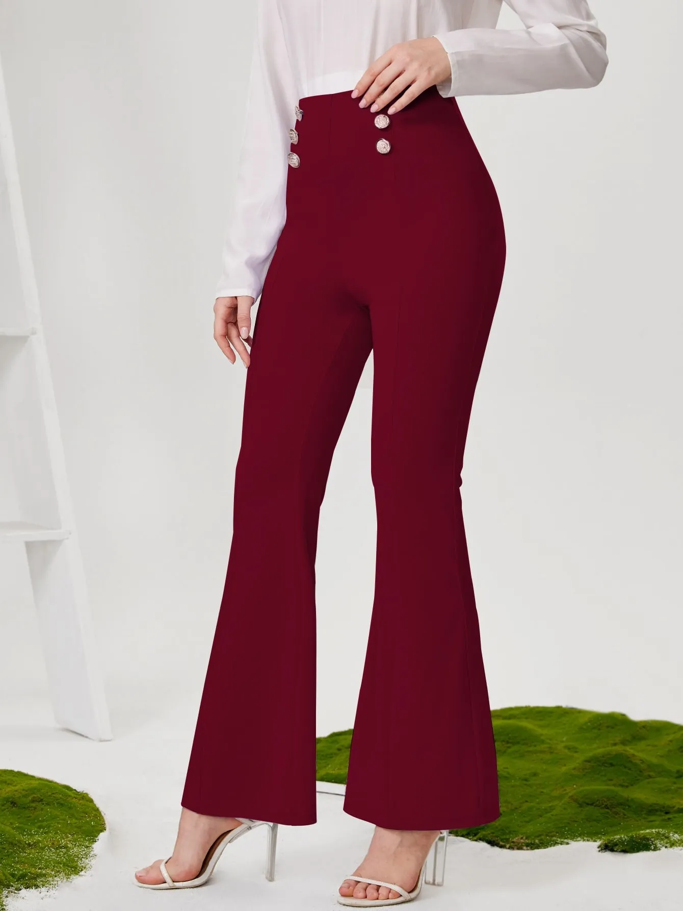 Elegant Plain Double Button High Waist Long Women Pants