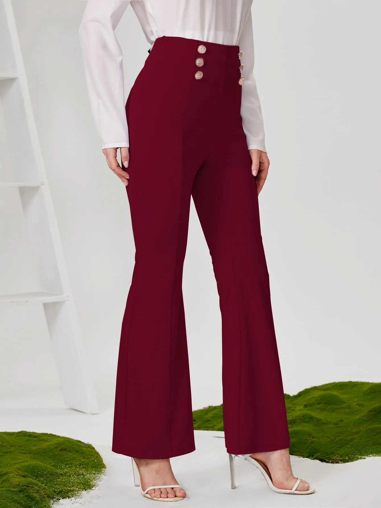 Elegant Plain Double Button High Waist Long Women Pants